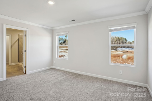 spare room with crown molding, light colored carpet, and plenty of natural light