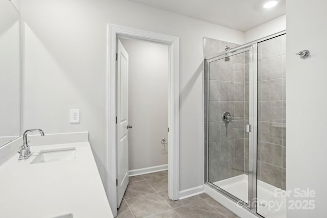 bathroom featuring walk in shower, vanity, and tile patterned flooring