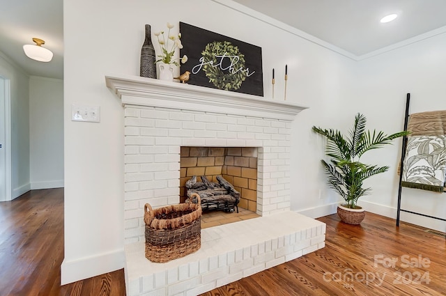 room details featuring a fireplace, hardwood / wood-style floors, and ornamental molding