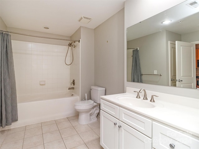 full bathroom with toilet, shower / bath combination with curtain, vanity, and tile patterned floors