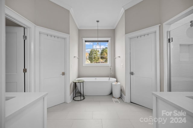 bathroom with tile patterned flooring, vanity, separate shower and tub, and ornamental molding