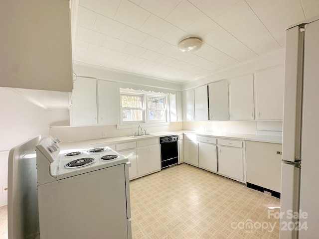 kitchen with white cabinets, sink, white appliances, and ornamental molding