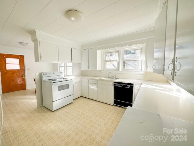 kitchen featuring white cabinets, white electric range, sink, ornamental molding, and black dishwasher