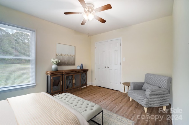 bedroom featuring multiple windows, ceiling fan, a closet, and hardwood / wood-style flooring