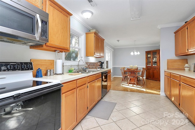 kitchen featuring sink, crown molding, decorative light fixtures, light tile patterned floors, and white electric range oven