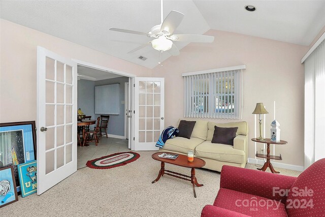 1811 Charter Dr, Rock Hill, SC 29732 - living room with french doors, a ceiling fan, vaulted ceiling, carpet, and baseboards