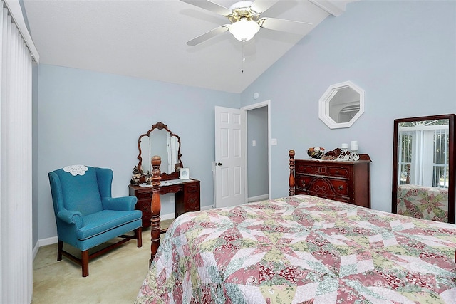 carpeted bedroom featuring beamed ceiling, high vaulted ceiling, and ceiling fan