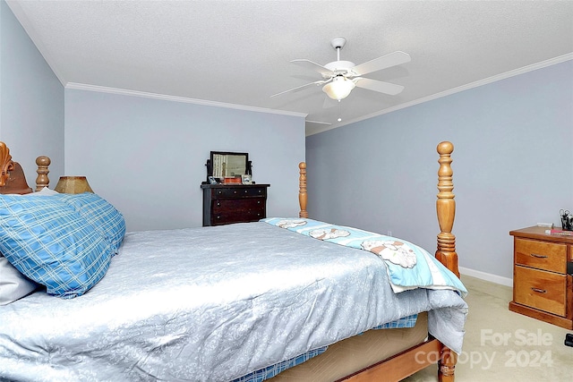 bedroom with light carpet, a textured ceiling, ceiling fan, and crown molding