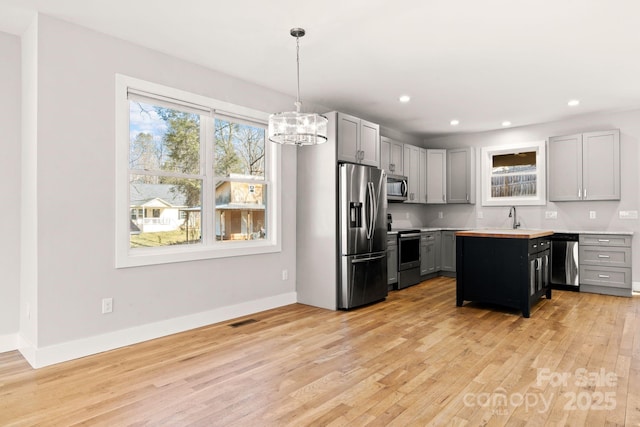 kitchen with stainless steel appliances, hanging light fixtures, a center island, and gray cabinets