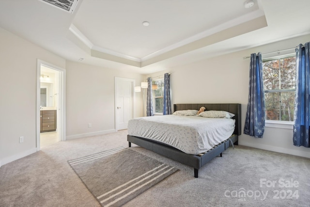 carpeted bedroom with a raised ceiling and ensuite bath