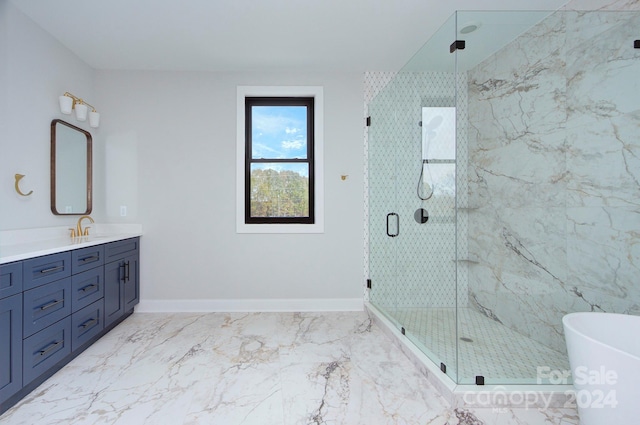 bathroom featuring vanity and independent shower and bath