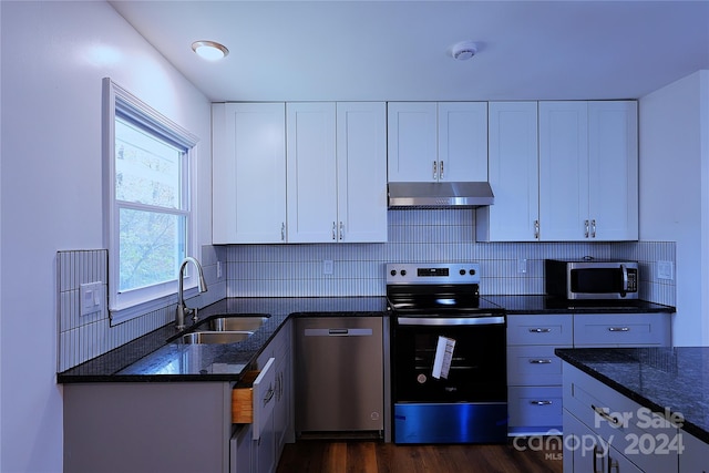 kitchen with white cabinetry, sink, dark wood-type flooring, and appliances with stainless steel finishes