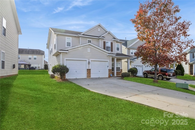 front facade with a garage and a front lawn