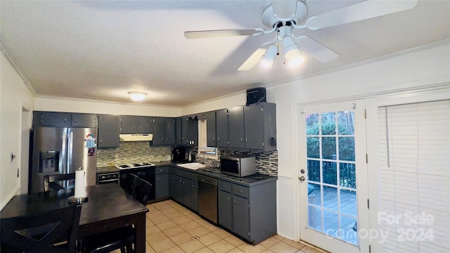 kitchen featuring appliances with stainless steel finishes, backsplash, ornamental molding, sink, and light tile patterned floors