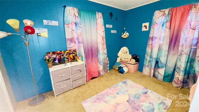 carpeted bedroom featuring ornamental molding