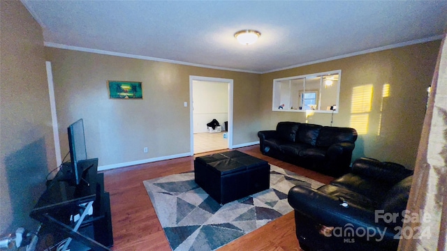 living room featuring hardwood / wood-style floors and ornamental molding