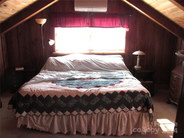 carpeted bedroom with wooden ceiling, multiple windows, and vaulted ceiling