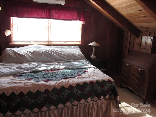 bedroom featuring carpet flooring, vaulted ceiling, multiple windows, and wooden ceiling