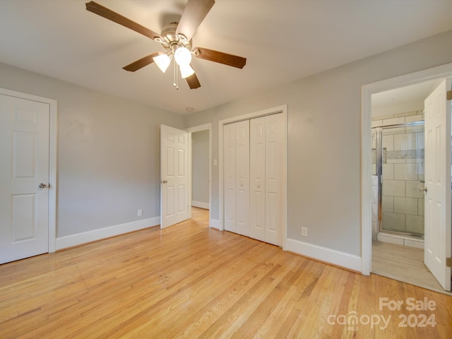 unfurnished bedroom with ceiling fan, a closet, connected bathroom, and light hardwood / wood-style flooring