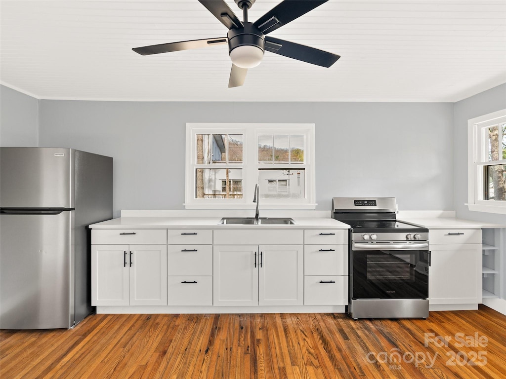 kitchen featuring stainless steel appliances, white cabinetry, and sink