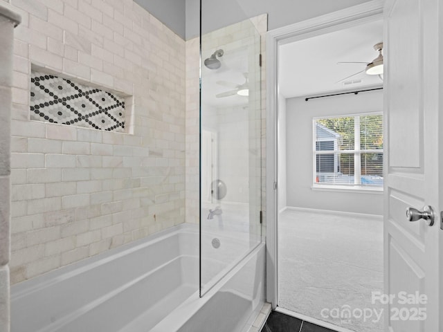 full bath featuring shower / tub combination, tile patterned floors, and ceiling fan