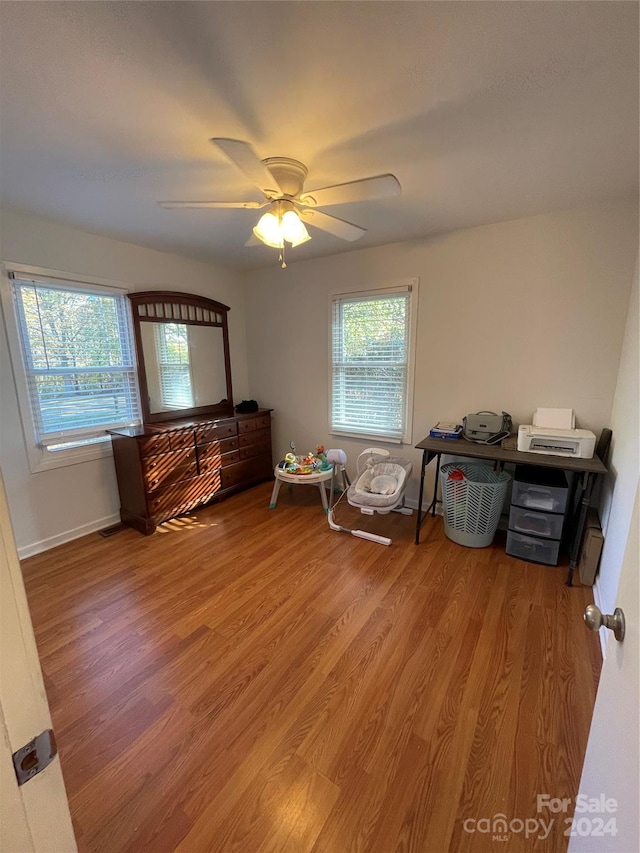 miscellaneous room with hardwood / wood-style flooring, a wealth of natural light, and ceiling fan