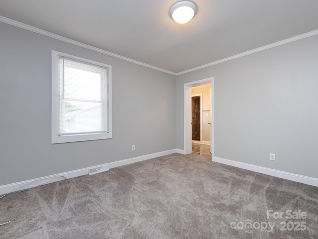 carpeted spare room featuring crown molding