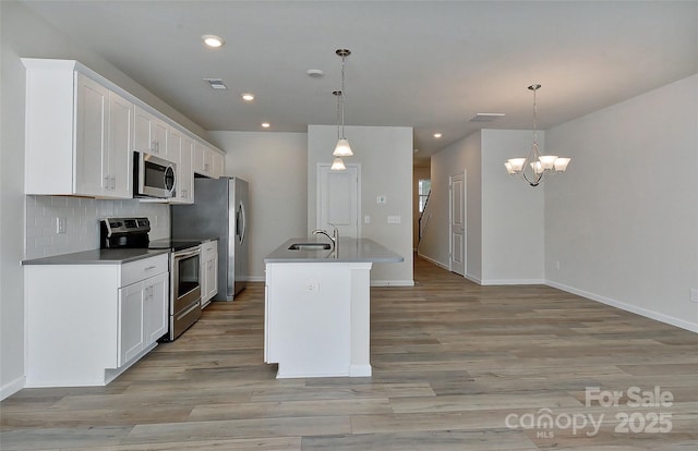 kitchen featuring pendant lighting, white cabinetry, a kitchen island with sink, and appliances with stainless steel finishes