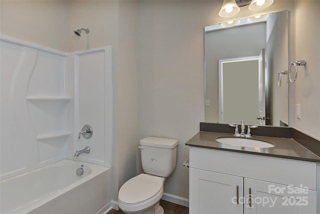 full bathroom with vanity,  shower combination, and toilet