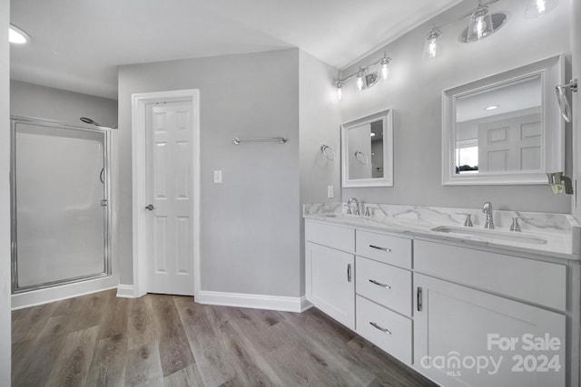 bathroom featuring vanity, wood-type flooring, and a shower with door