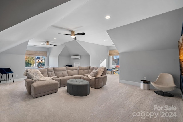 carpeted living room with an AC wall unit, ceiling fan, and lofted ceiling