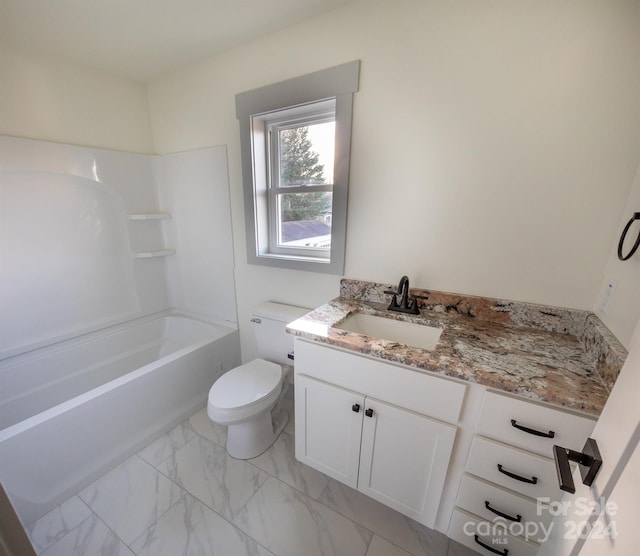 full bathroom with vanity, bathing tub / shower combination, and toilet