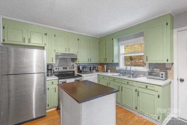 kitchen featuring tasteful backsplash, appliances with stainless steel finishes, sink, and light hardwood / wood-style floors