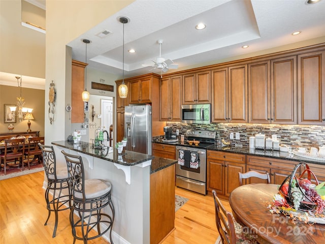 kitchen with light hardwood / wood-style floors, a raised ceiling, and stainless steel appliances