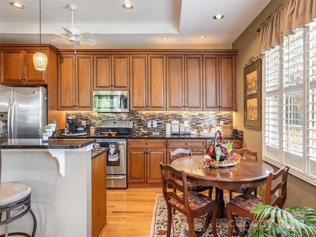 kitchen featuring dark stone counters, light hardwood / wood-style flooring, a healthy amount of sunlight, and appliances with stainless steel finishes