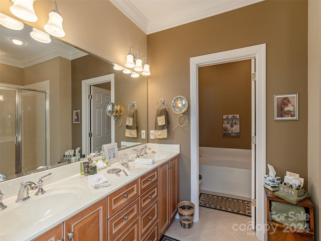 bathroom with tile patterned flooring, a notable chandelier, separate shower and tub, crown molding, and vanity