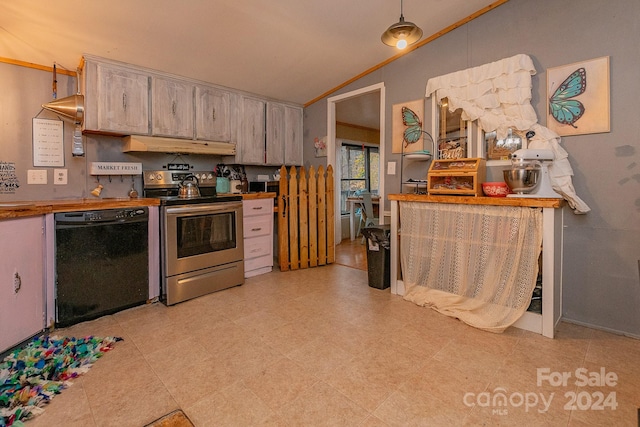 kitchen featuring dishwasher, ornamental molding, stainless steel electric stove, and lofted ceiling