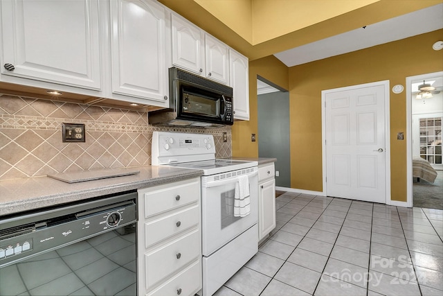 kitchen featuring tasteful backsplash, ceiling fan, black appliances, light tile patterned floors, and white cabinetry