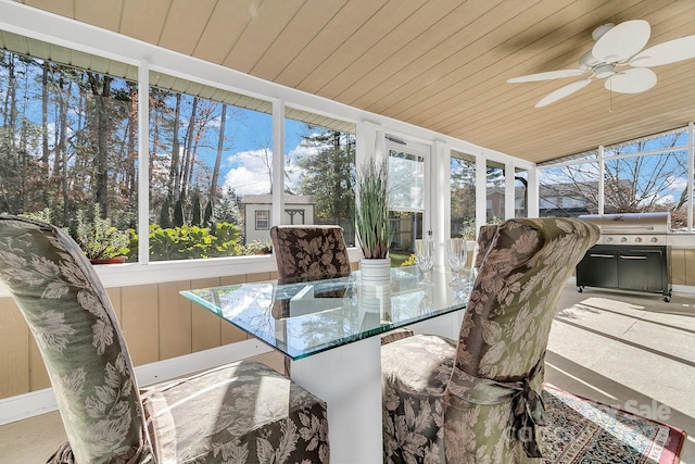 sunroom / solarium featuring ceiling fan and wood ceiling