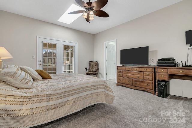 bedroom with carpet flooring, ceiling fan, and access to outside