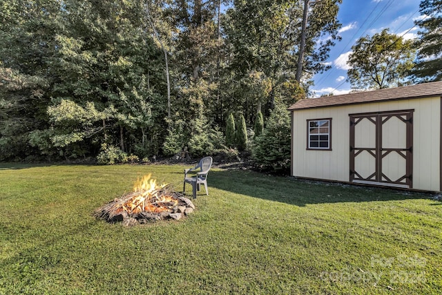 view of yard featuring a fire pit and a shed