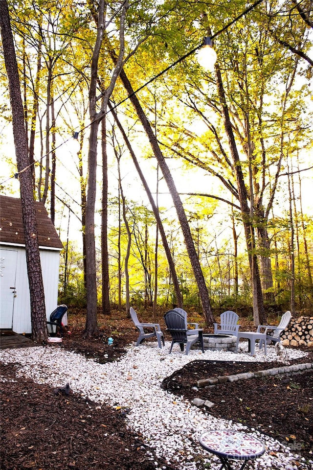 view of yard featuring an outdoor fire pit and a storage shed