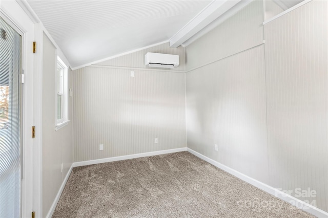 carpeted spare room featuring an AC wall unit, wood walls, lofted ceiling with beams, and ornamental molding