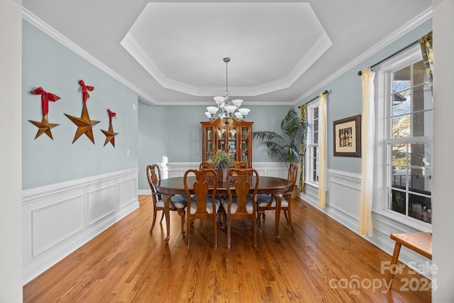 157 Montibello Dr, Mooresville, NC 28117 - dining room with plenty of natural light, a tray ceiling, wood finished floors, a chandelier, and a wainscoted wall