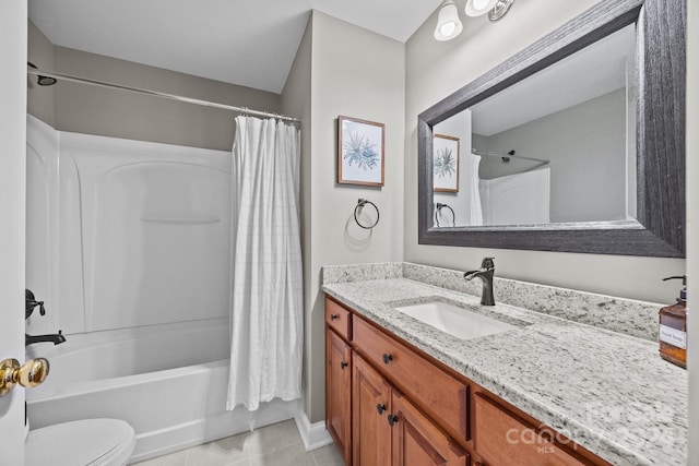 full bathroom with tile patterned flooring, vanity, shower / bath combination with curtain, and toilet