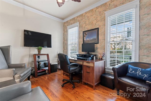 office area featuring a wealth of natural light, crown molding, and light wood-type flooring