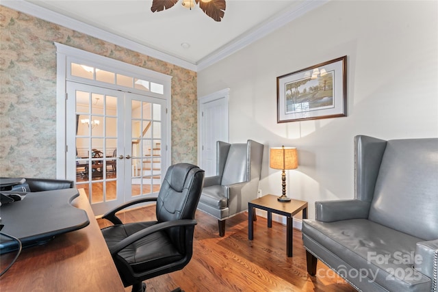 office area featuring wallpapered walls, wood finished floors, crown molding, and french doors