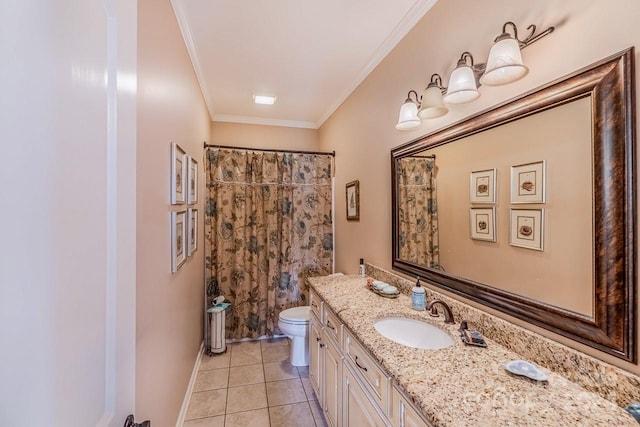 bathroom featuring walk in shower, ornamental molding, vanity, tile patterned flooring, and toilet