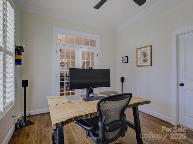 office area with hardwood / wood-style flooring, ornamental molding, and ceiling fan