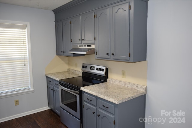 kitchen featuring dark hardwood / wood-style floors, gray cabinetry, and electric stove